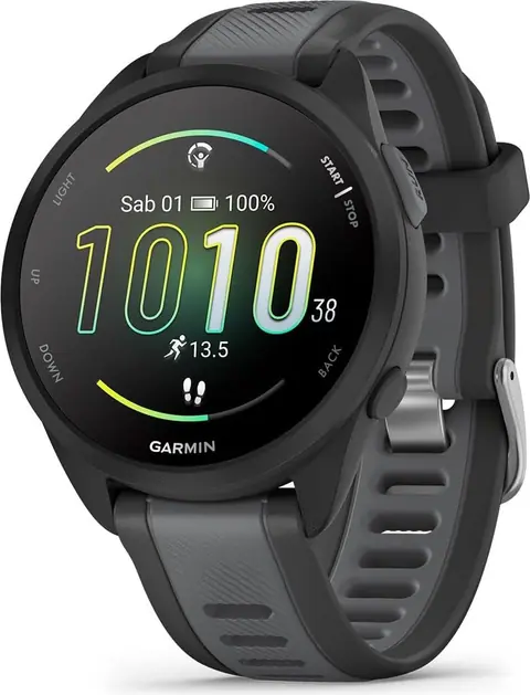 Reloj Garmin Forerunner 165 negro con pantalla AMOLED encendida