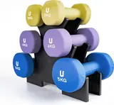 Ver imagen 1: Mancuernas unycos de neopreno de 3, 4 y 5 kg en un soporte