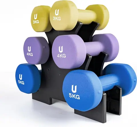 Mancuernas unycos de neopreno de 3, 4 y 5 kg en un soporte