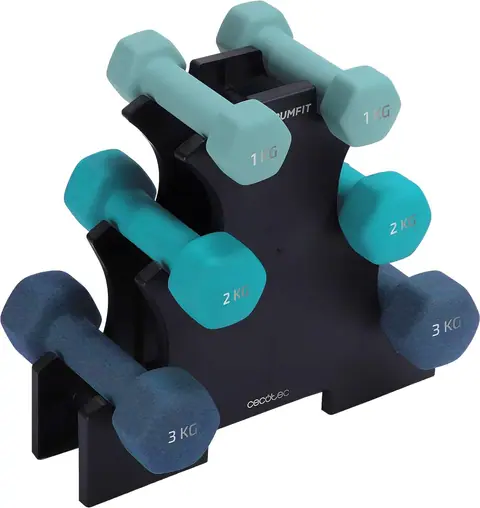Set de mancuernas Cecotec Drumfit de 1, 2 y 3 kg en su soporte